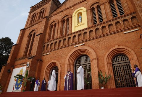 Pope Francis leads a ceremony to open the Holy Door as the begins the Holy Year of Mercy before a Mass with priests, religious, catechists and youths at the cathedral in Bangui, Central African Republic, Nov. 29. (CNS photo/Paul Haring) See POPE-BANGUI-MERCY Nov. 29, 2015.