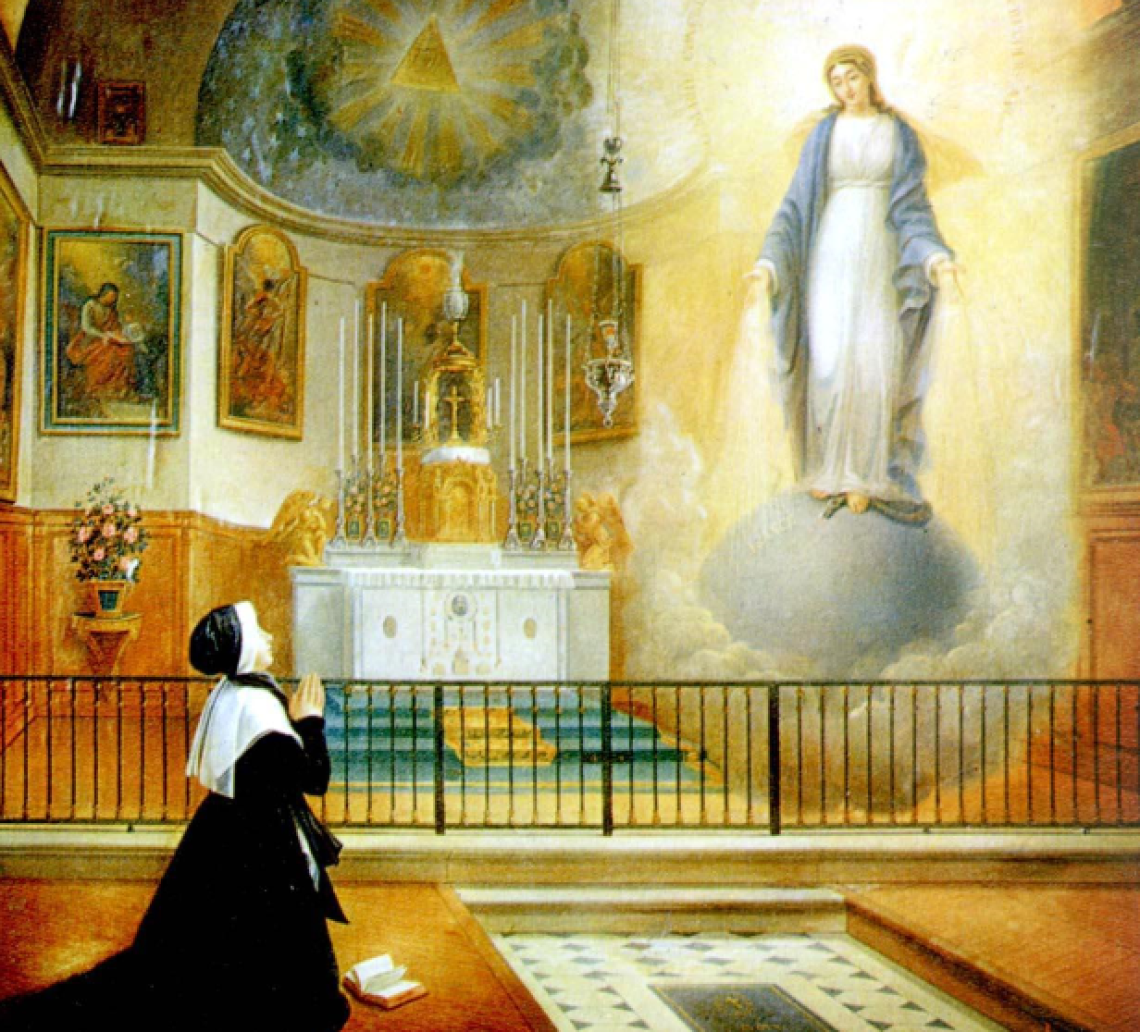 L’apparition de la Vierge à Catherine Labouré, d’après le tableau peint par Lecerf en 1835.