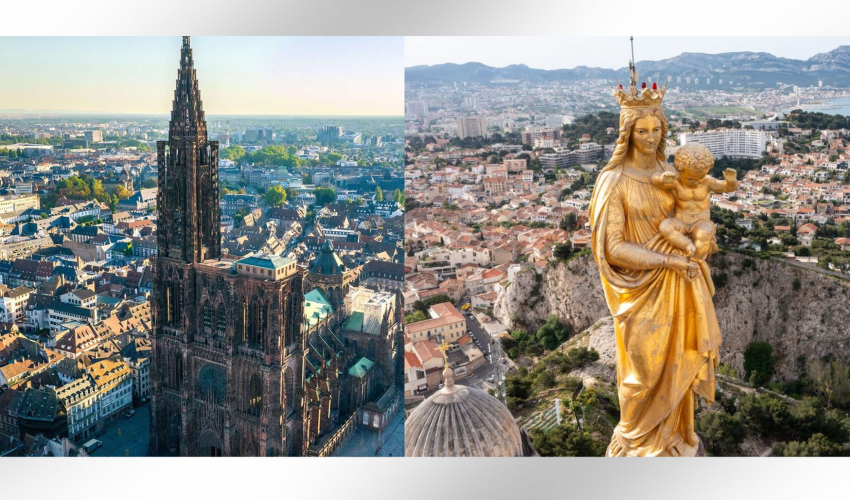 Vue de la cathedrale de Strasbourg ( à gauche) et de la basilique Notre Dame de la Garde à Marseille - DR