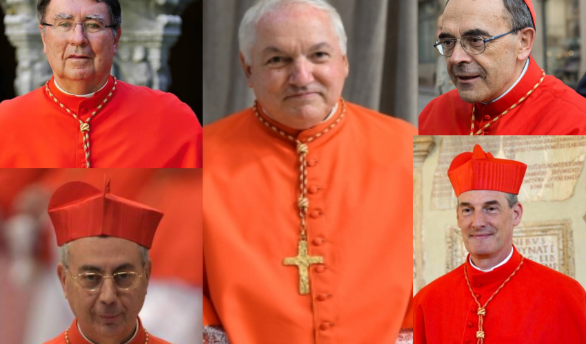 Les cinq cardinaux français électeurs au conclave de 2025 le cardinal Jean-Marc Aveline ( au centre) , le cardinal Barbarin ( en haut à droite) le cardinal Dominique Mamberti ( en bas à gauche) , le cardinal  François-Xavier Bustillo ( en bas à droite) , et le cardinal Christophe Pierre ( en haut à gauche) .