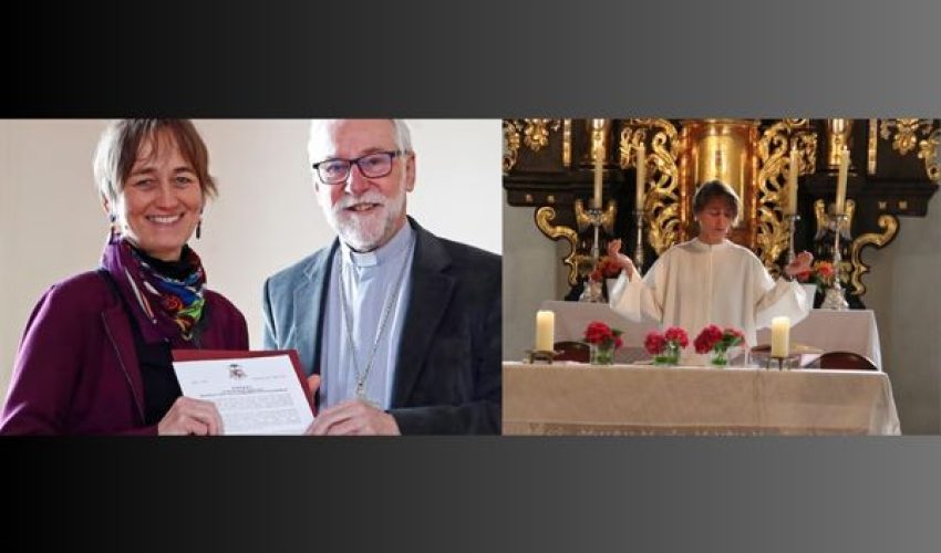A gauche, Barbara Velik-Frank reçoit le décret de nomination en tant que Vicaire épiscopal de l'évêque Josef Marketz,à droite , Le ‘vicaire épiscopal’ Barbara Velik-Frank en célébration
