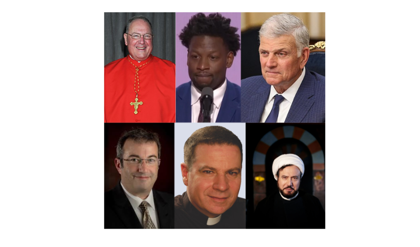 De haut à gauche vers la droite en bas : Le Cardinal Dolan, le pasteur Lorenzo Sewell, le pasteur Franklin Graham,Rabbi Ari Berman, le père Frank Mann et l’imam Husham Al-Husainy @tribunechretienne