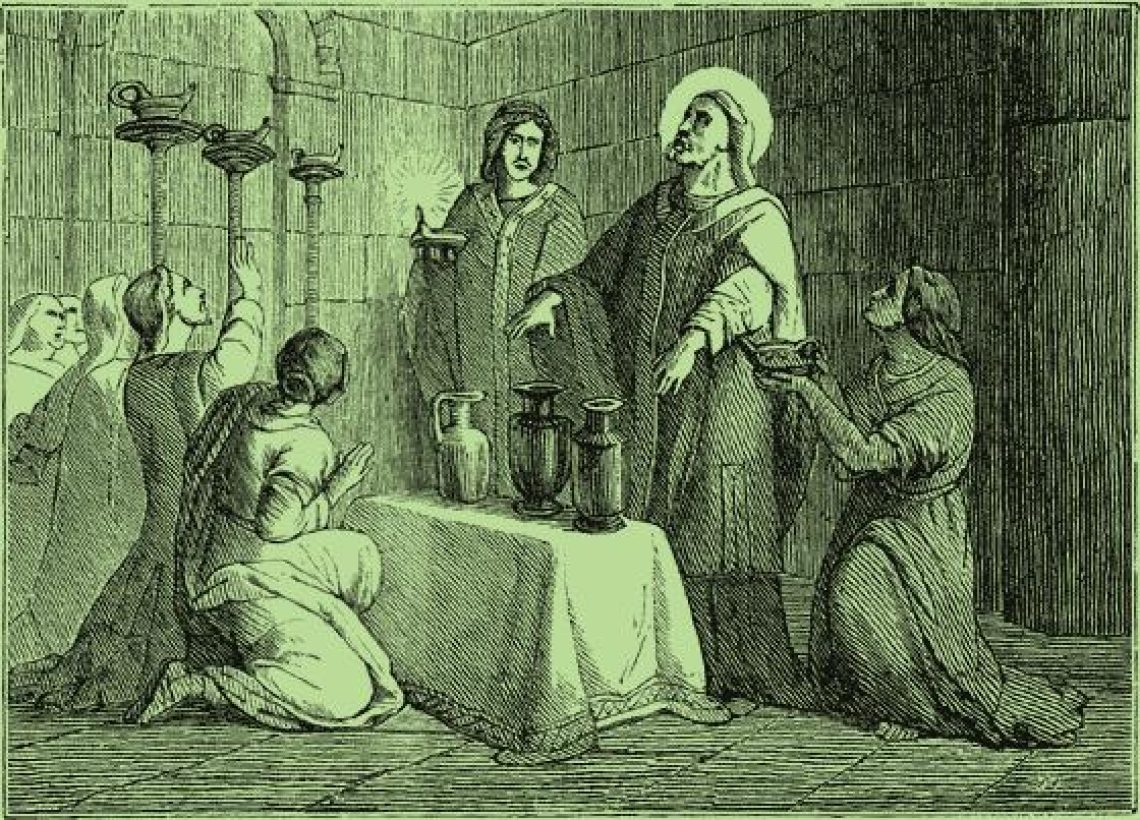 Saint Narcisse, Évêque de Jérusalem, opérant un miracle en transformant de l'eau en huile pour l'éclairage de l'Office de la nuit Pascale.