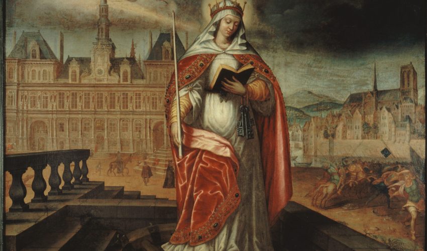 "Sainte Geneviève, patronne de Paris, devant l'Hôtel de Ville ; à droite, les Huns repoussés (vers 1620)". Anonyme. Paris, musée Carnavalet.