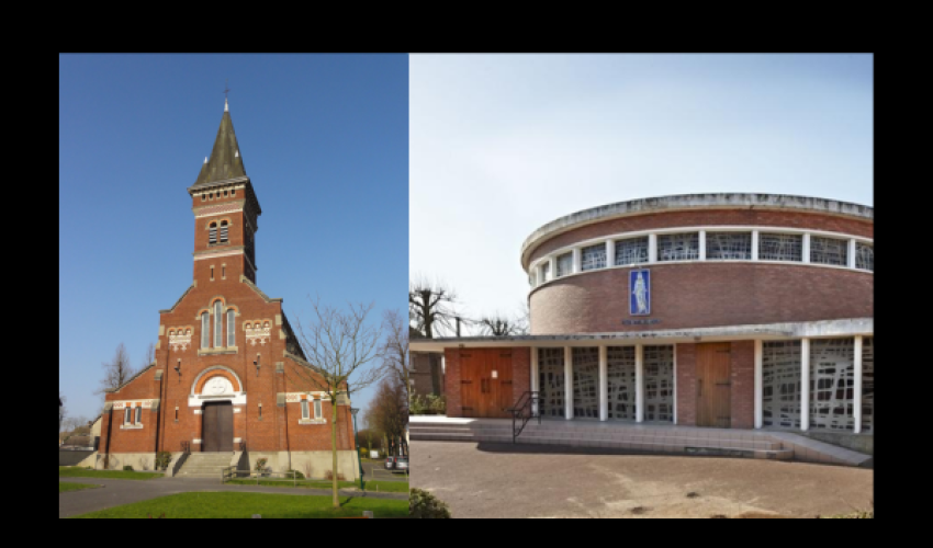 église Saint-Édouard ( à gauche ), église Saint-Wulgan-Notre-Dame-des-Mines ( à droite)