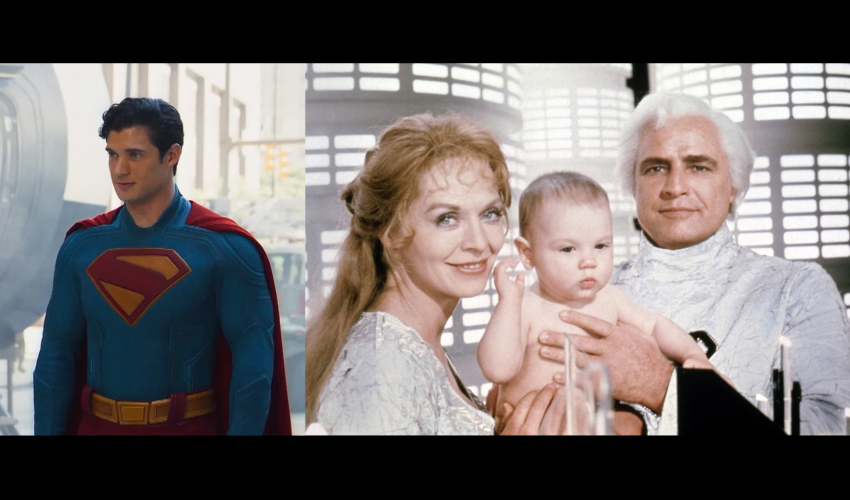 Superman , David Corenswet ( à gauche) , Lara -El (  Susannah York) et  Jor-El (Marlon Brando)  avec leur fils Kal-El (1978)